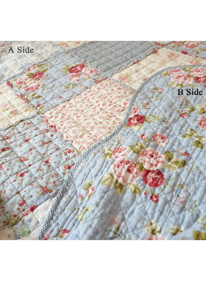 Cozyholy Original 100% Cotton Patchwork Quilt Blue Floral Bedspread Coverlet Reversible Vintage Shabby Chic Quilted Throw Blanket Bed Quilt Cover for Couch Sofa - Image 2
