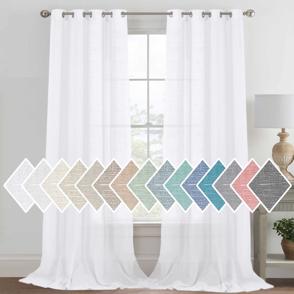 H.VERSAILTEX HVERSAILTEX Linen Sheer Curtains 95 Inches Long Grommet Top Natural Linen Blended Sheer Curtains for Living Room Window Treatments Linen Semi Curtain Panels for Bedroom 2 Panels Pure Whit
