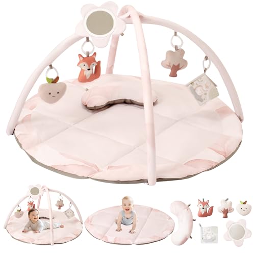Fortella Baby Play Gym Activity Mat Machine Washable Foldable Tummy Time Mat with 5 Detachable Toys Certified Safe Newborn Essentials Gift for Baby Registry 012 Months Rose Pink - Image 1