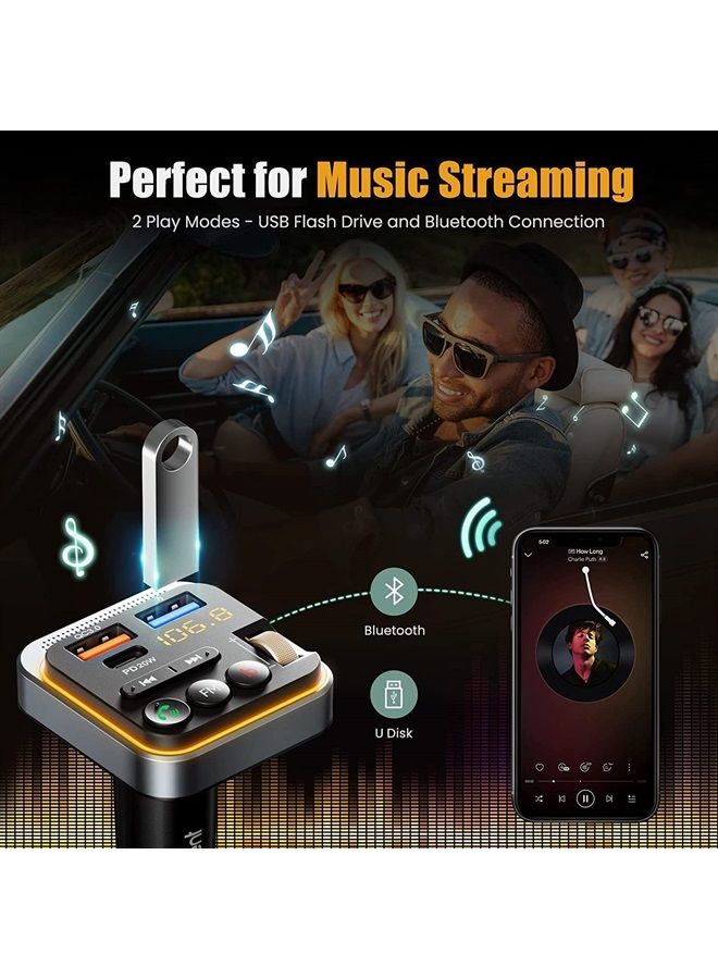Lencent Bluetooth 5.0 FM Transmitter for Car, [PD 20W + QC 3.0] USB Charger Music Radio Adapter, Wireless Microphone &HiFi Bass Sound, Supports Hands-Free Siri Google Assistant - Image 2