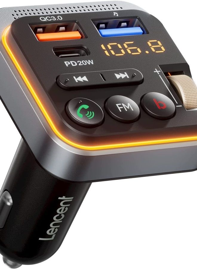 Lencent Bluetooth 5.0 FM Transmitter for Car, [PD 20W + QC 3.0] USB Charger Music Radio Adapter, Wireless Microphone &HiFi Bass Sound, Supports Hands-Free Siri Google Assistant - Image 1