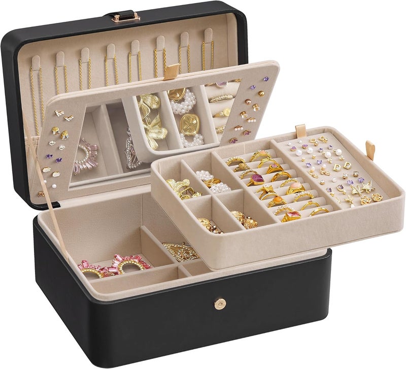 SONGMICS Jewelry Box with Mirror, 2-Layer Jewelry Holder Organizer, Travel Jewelry Case, Removable Jewelry Tray, 6.9 x 8.7 x 4.3 Inches, Earring Necklace Storage, Gift Idea, Ink Black - Image 1