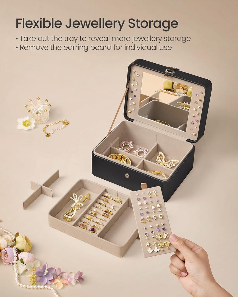 SONGMICS Jewelry Box with Mirror, 2-Layer Jewelry Holder Organizer, Travel Jewelry Case, Removable Jewelry Tray, 6.9 x 8.7 x 4.3 Inches, Earring Necklace Storage, Gift Idea, Ink Black - Image 4