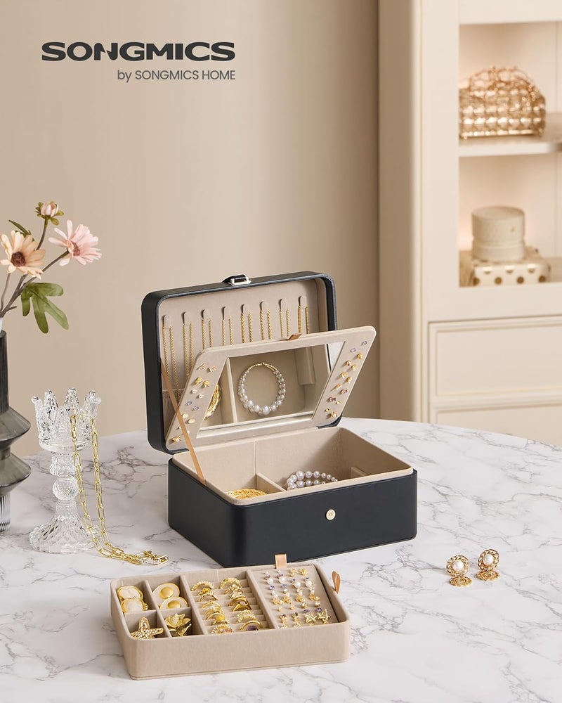 SONGMICS Jewelry Box with Mirror, 2-Layer Jewelry Holder Organizer, Travel Jewelry Case, Removable Jewelry Tray, 6.9 x 8.7 x 4.3 Inches, Earring Necklace Storage, Gift Idea, Ink Black - Image 2