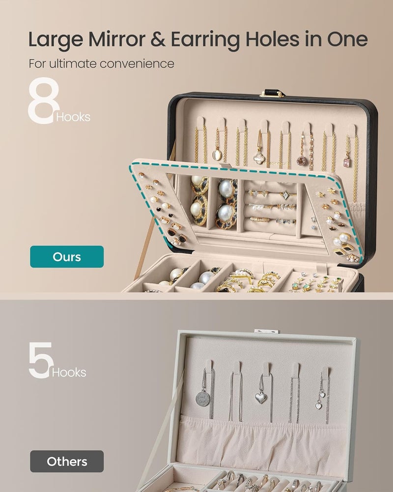 SONGMICS Jewelry Box with Mirror, 2-Layer Jewelry Holder Organizer, Travel Jewelry Case, Removable Jewelry Tray, 6.9 x 8.7 x 4.3 Inches, Earring Necklace Storage, Gift Idea, Ink Black - Image 3