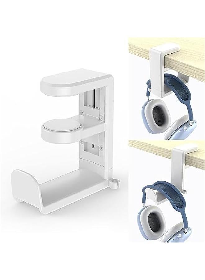 HOOKOR PC Gaming Headset Headphone Hook Holder Hanger Mount, Headphones Stand with Adjustable & Rotating Arm Clamp, Under Desk Design, Universal Fit, Built in Cable Clip Organizer (White) - Image 1