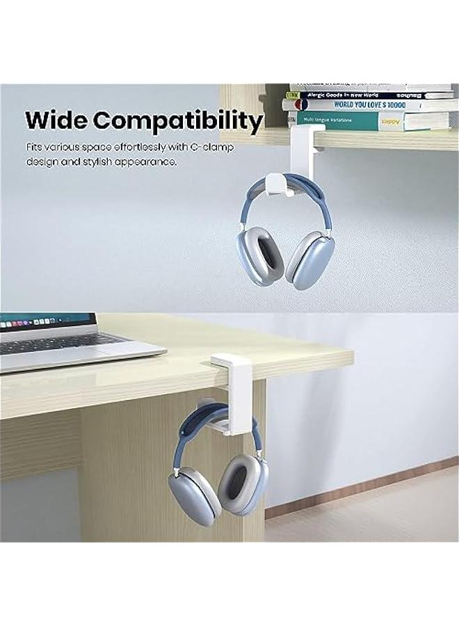 HOOKOR PC Gaming Headset Headphone Hook Holder Hanger Mount, Headphones Stand with Adjustable & Rotating Arm Clamp, Under Desk Design, Universal Fit, Built in Cable Clip Organizer (White) - Image 3