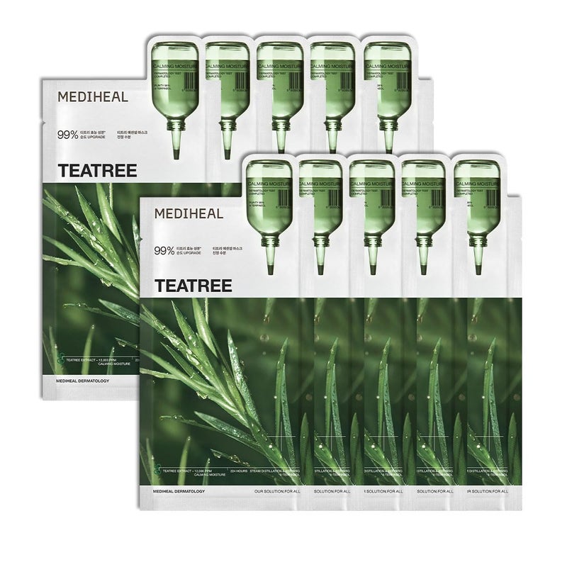 Mediheal Essential Face Mask [Teatree] Calming Moisutre 10 pcs. with 99% Purity Teatree for Intensive Soothing, Deep Hydration - suitable for acne-prone skin - Vegan Formula Korean Sheet Mask - Image 1