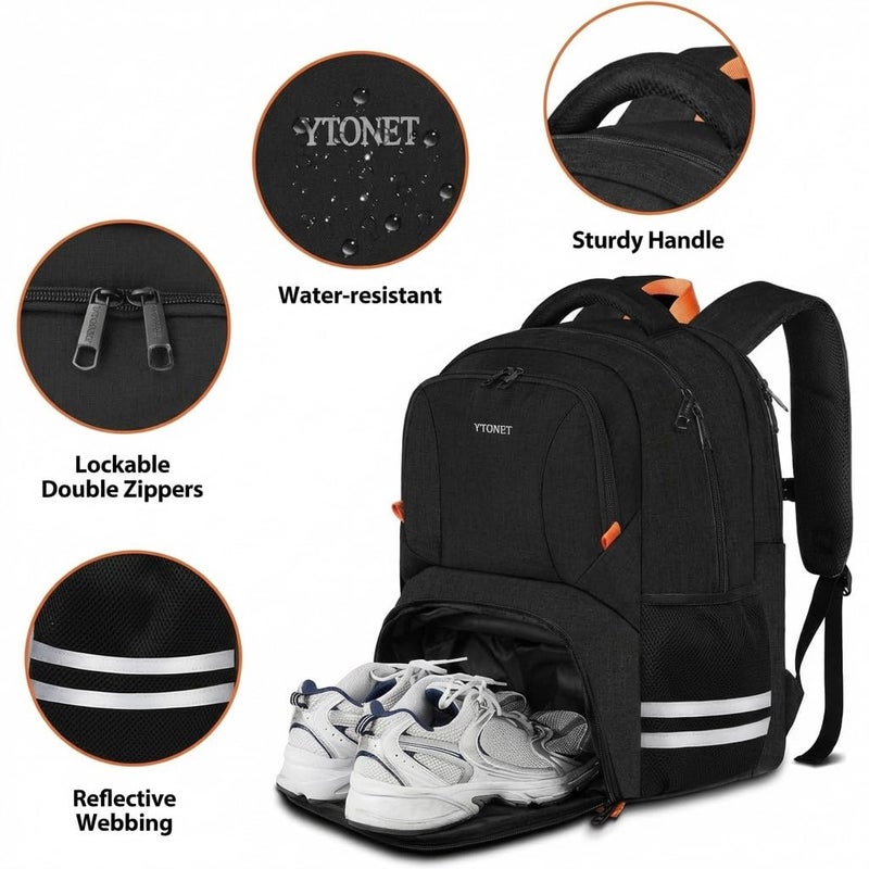 Ytonet Gym Backpack For Men Women, Travel Sports Track Bag With Shoe Compartment, Large Workout Laptop Backpack Water Resistant College Bag Fit 15.6 Inch, Camping, Black - Image 5
