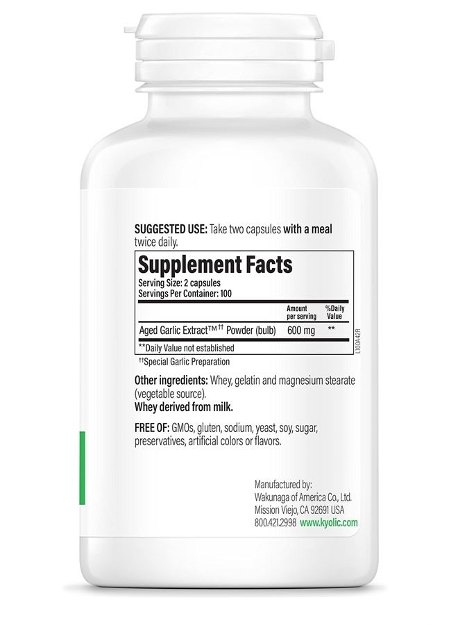 kyolic Aged Garlic Extract Formula 100, Original Cardiovascular, 200 Capsules (Packaging May Vary) - Image 2