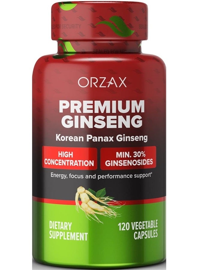 ORZAX جينسنغ، 30% جينسنوسيدات، كبسولات نباتية ممتازة 120، جينسنغ بانكس 1000 ملغ، جينسنغ كوري أحمر لتعزيز الطاقة، دعم التركيز والأداء، مكمل طاقة خالي من الغلوتين - Image 1