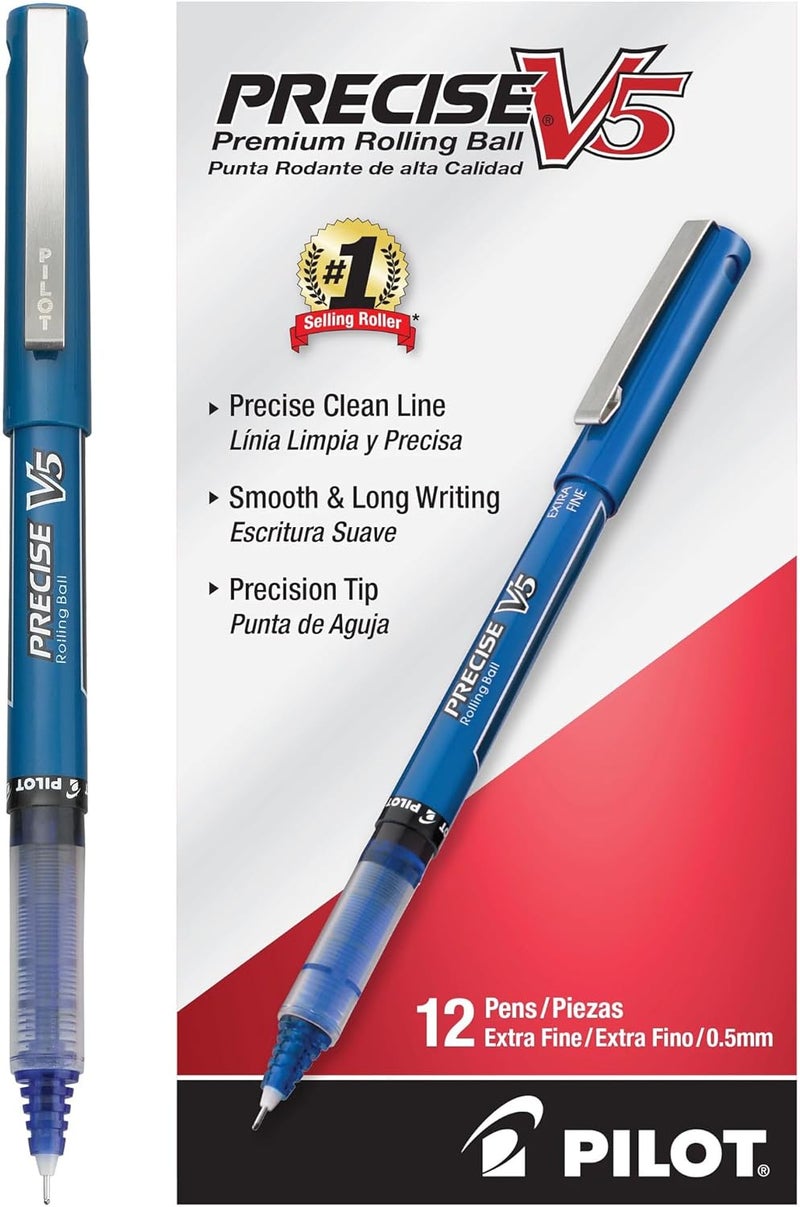 Precise V5 Rollerball Pens, Extra Fine Point 0.5 mm Blue Pens, Blue, Pack of 12 - Ideal for School, Journaling & Office Writing