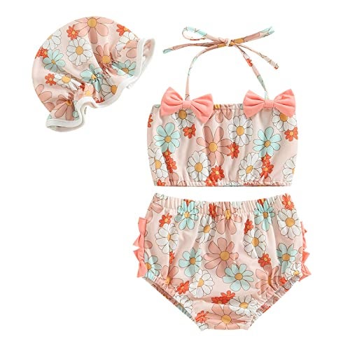 Yccutest Toddler Girl Swimsuits Infant Baby Girl Bathing Suit Bikini Sets Swimwear 3 Piece Summer Beach Outfit Top Shorts Hat (P-Pink Floral, 0-6 Months) - Image 1