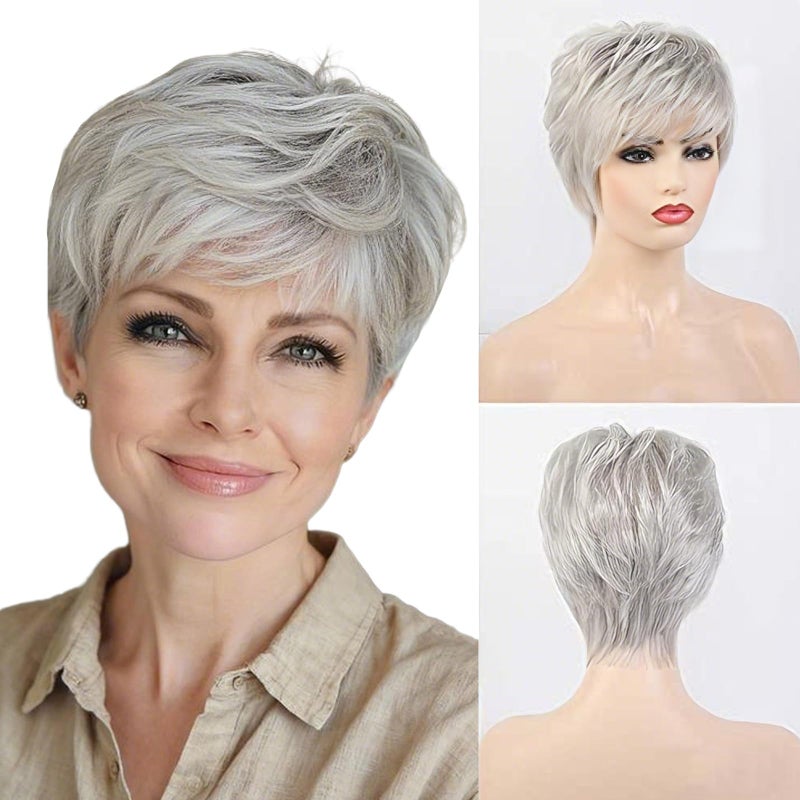 EMMOR Short Silver Grey Human Hair Wigs Blend with Healthy Memory Fiber Pixie Curly Wig With Bang,Natural Daily Use Hair (Color 101#) - Image 1