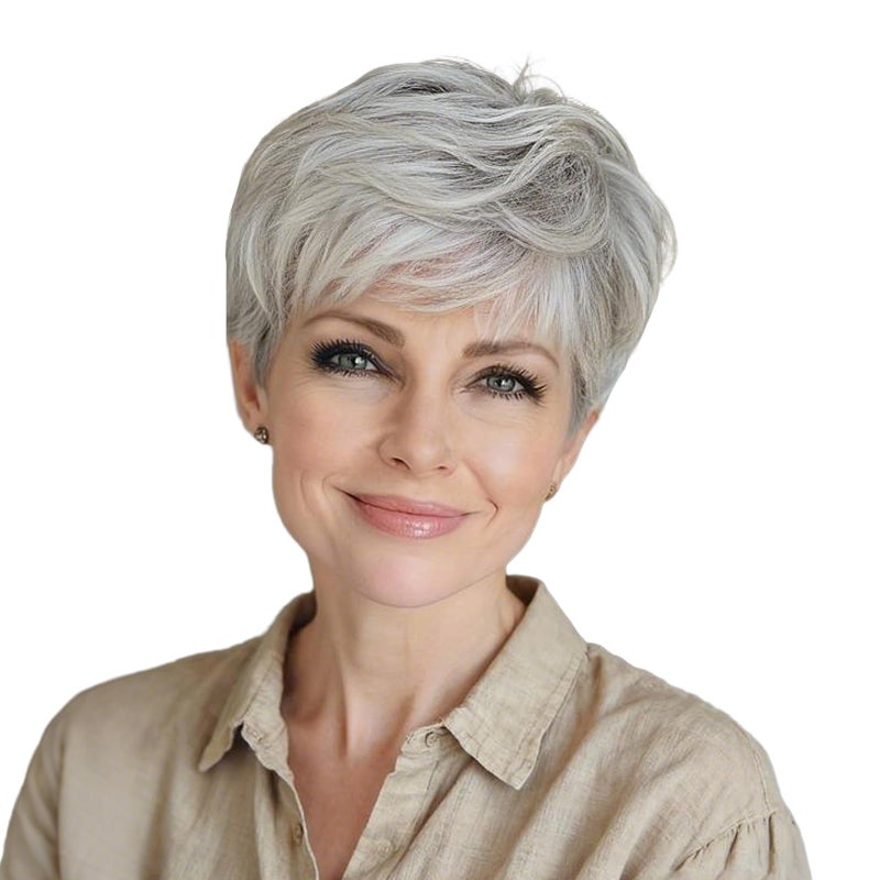 EMMOR Short Silver Grey Human Hair Wigs Blend with Healthy Memory Fiber Pixie Curly Wig With Bang,Natural Daily Use Hair (Color 101#) - Image 2