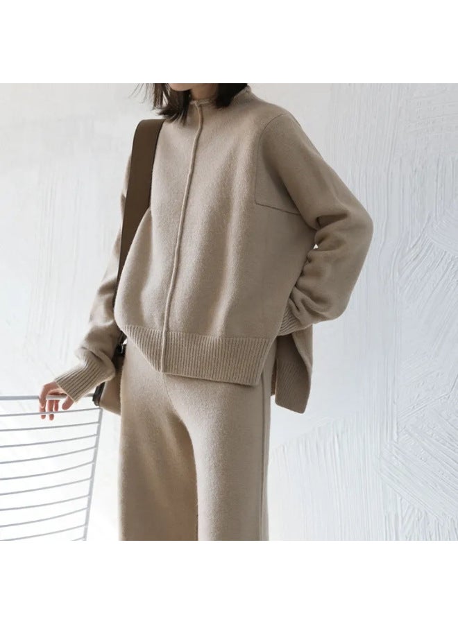 Youthful Slimming Knitwear Set Autumn Winter New Korean Style Women's Fashion Slit Sweater Wide-leg Pants Two-piece Outfit - Image 3