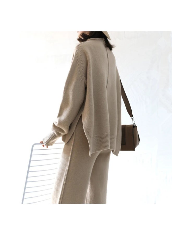 Youthful Slimming Knitwear Set Autumn Winter New Korean Style Women's Fashion Slit Sweater Wide-leg Pants Two-piece Outfit - Image 5