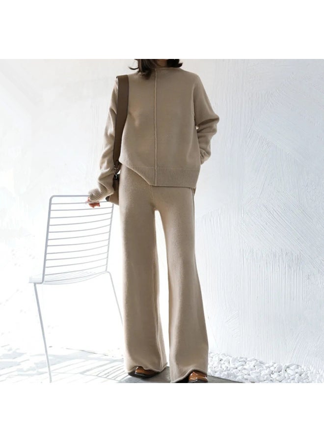 Youthful Slimming Knitwear Set Autumn Winter New Korean Style Women's Fashion Slit Sweater Wide-leg Pants Two-piece Outfit - Image 1