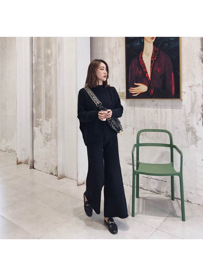 Youthful Slimming Knitwear Set Autumn Winter New Korean Style Women's Fashion Slit Sweater Wide-leg Pants Two-piece Outfit - Image 4