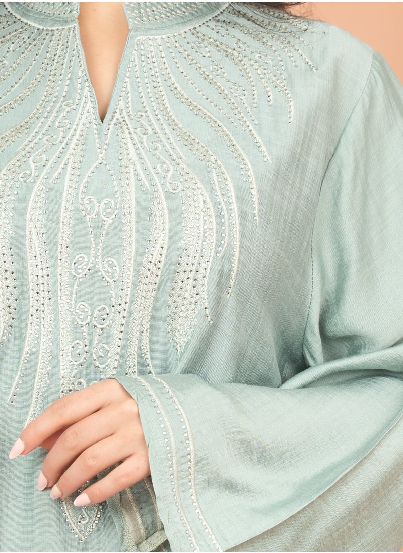 اكسا جلابية سادة مع عنق اسيوي انيق IK4010 تركوازي  - Image 2