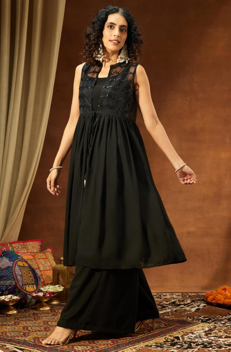 Janasya جاكيت جاناسيا للنساء من جورجيت مخمل مرصع بترصيع مع كروب توب وبالازو (JAB25ST02475-XL) - Image 5