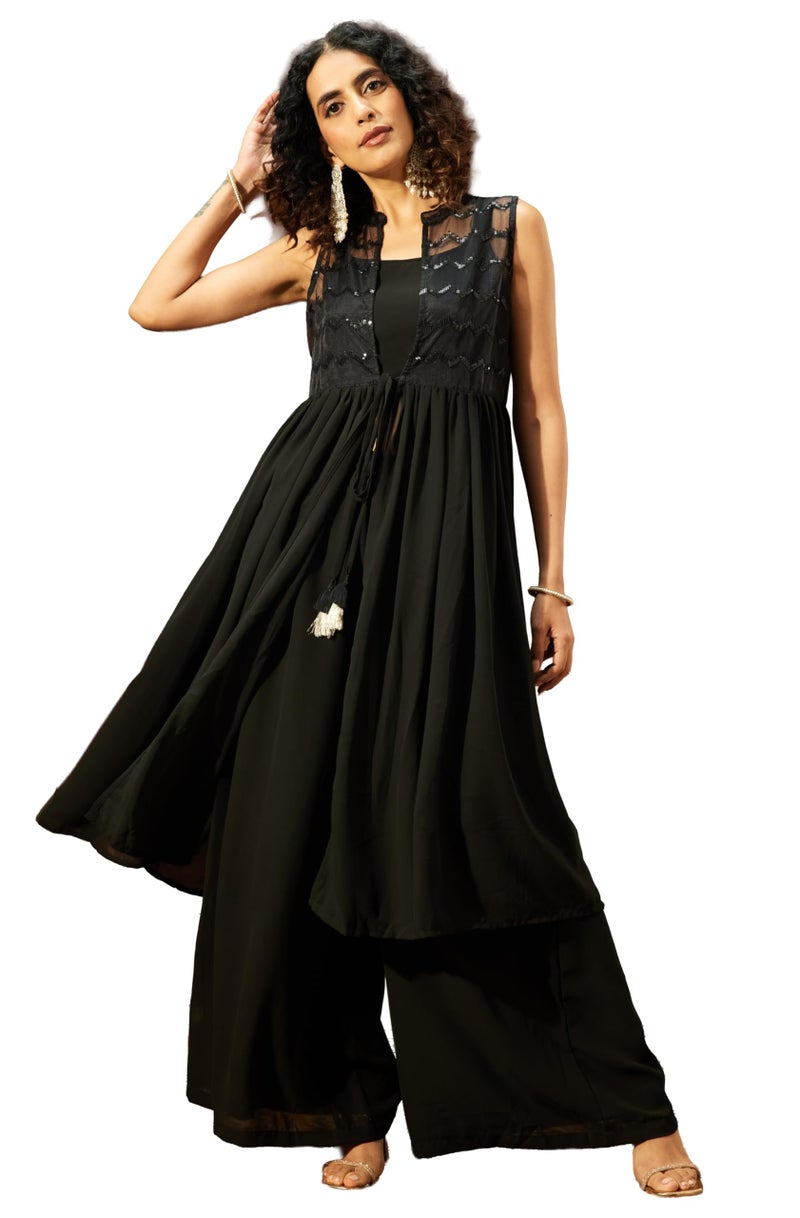 Janasya جاكيت جاناسيا للنساء من جورجيت مخمل مرصع بترصيع مع كروب توب وبالازو (JAB25ST02475-XL) - Image 1