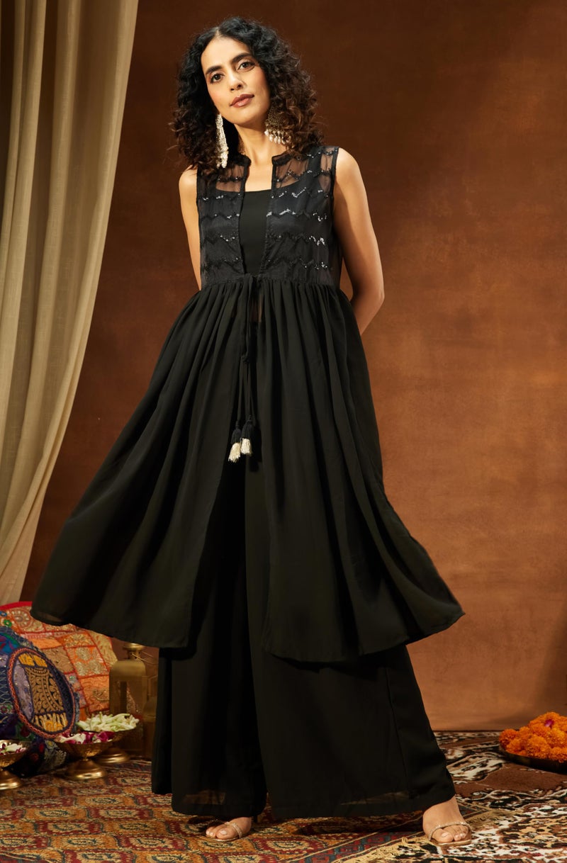 Janasya جاكيت جاناسيا للنساء من جورجيت مخمل مرصع بترصيع مع كروب توب وبالازو (JAB25ST02475-XL) - Image 3