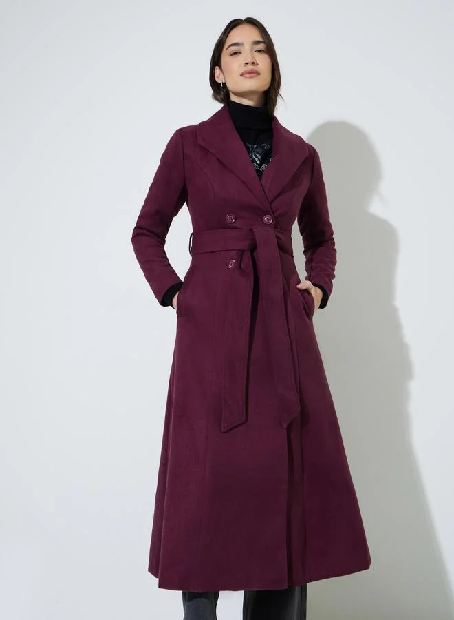 Styli Burgundy Regular Fit Wool Like Double Breasted Coat