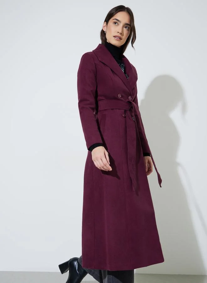 Styli Burgundy Regular Fit Wool Like Double Breasted Coat