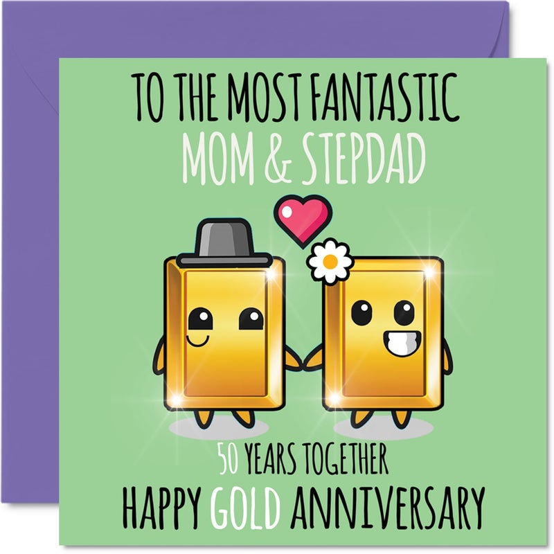 Stuff4 Cute Gold Anniversary Card for Mom & Step Dad - 50 Years Together - Happy 50th Wedding Anniversary Cards for Step Dad Mom  5.7 x 5.7 Inch Greeting Cards for Fiftieth Anniversaries - Image 1