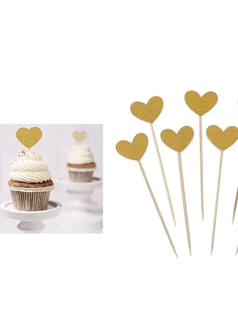 24 Pack HEART Double Sided Gold Glitter Cupcake Toppers 