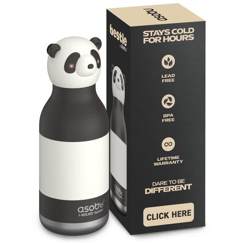 asobu Bestie Bottle Insulated Stainless Steel Water Bottle with Detachable Soft Animal Head Fun Drinking For Kids and Teens with Flexible Reusable Straw 16 Ounce Panda - Image 2