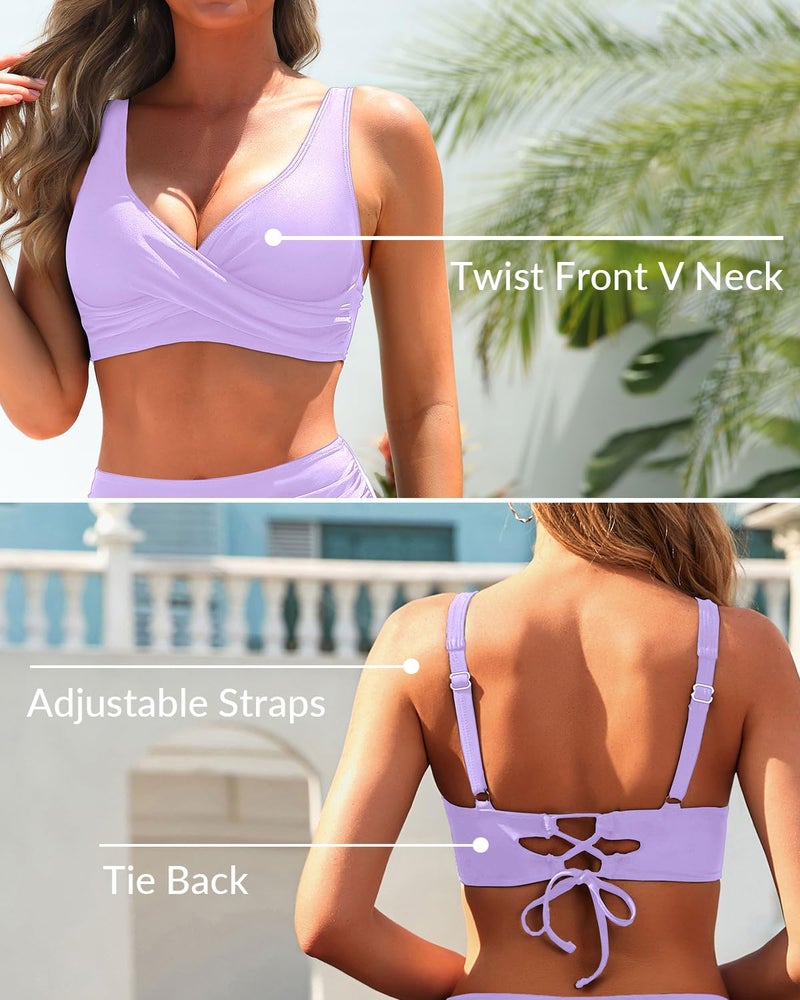 Yonique Women's Two Piece High Waisted Bikini Set Tummy Control Swimsuit Full Coverage Bathing Suit Light Purple XL - Image 4