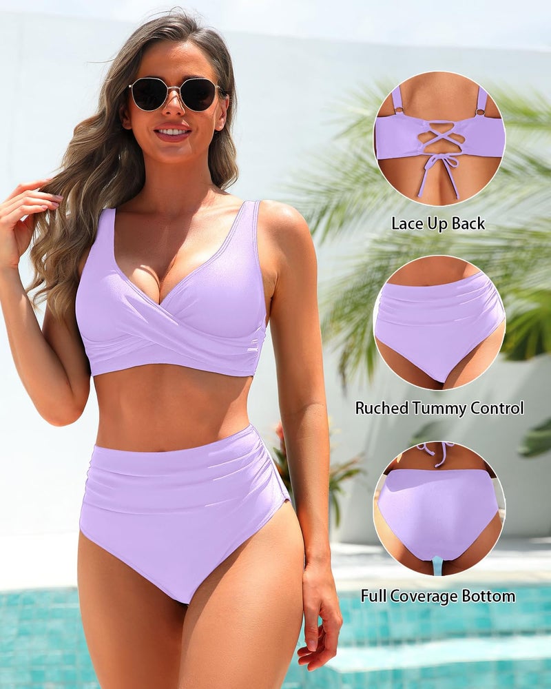 Yonique Women's Two Piece High Waisted Bikini Set Tummy Control Swimsuit Full Coverage Bathing Suit Light Purple XL - Image 3