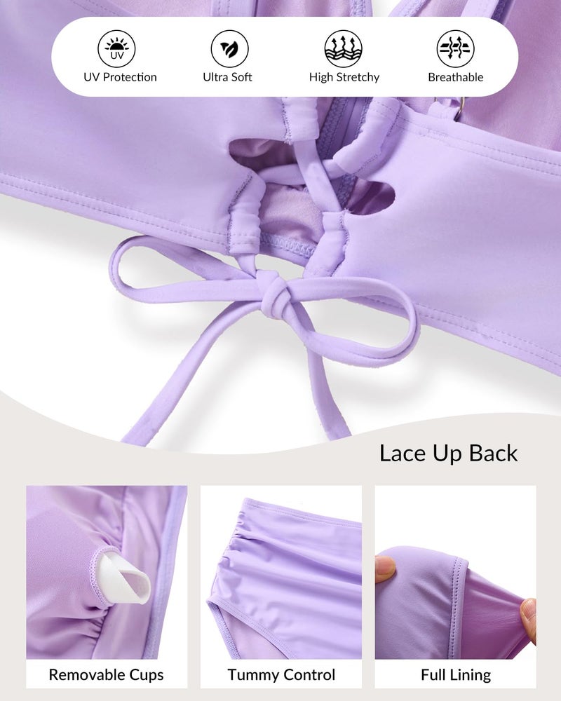 Yonique Women's Two Piece High Waisted Bikini Set Tummy Control Swimsuit Full Coverage Bathing Suit Light Purple XL - Image 5