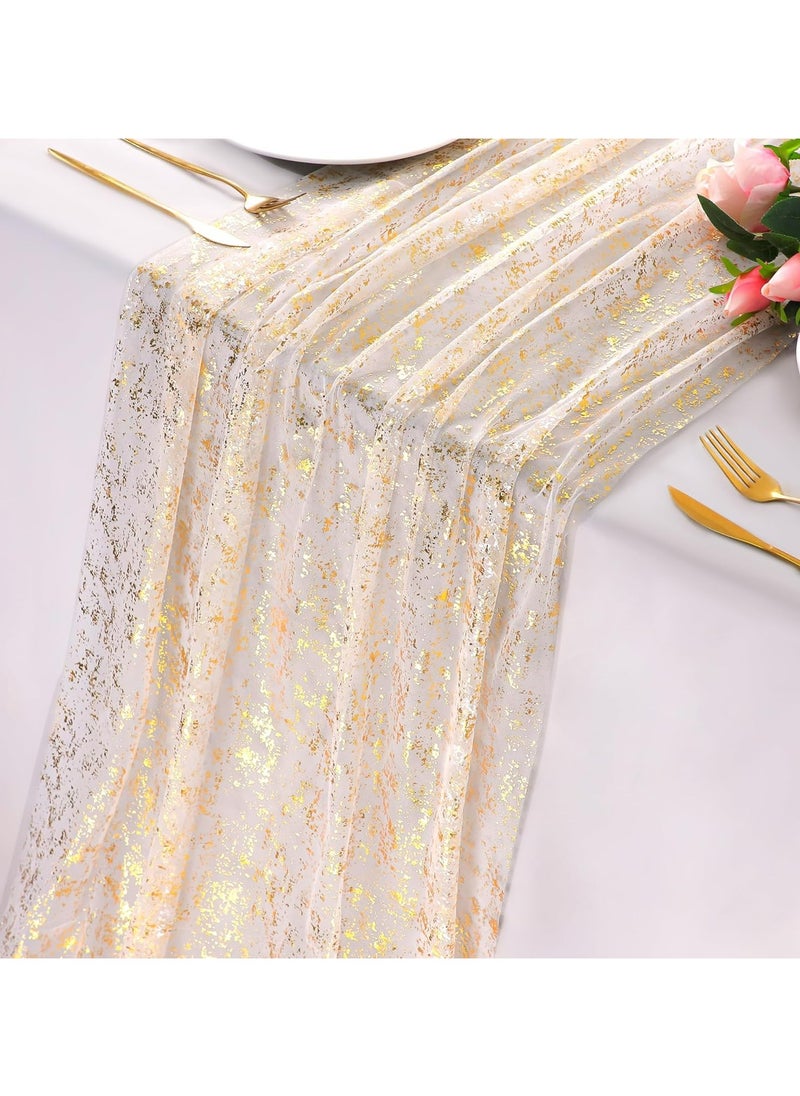Dominy Gold Table Runner Chiffon Tulle Cheesecloth Golden Table Runner for Wedding Baby Bridal Shower Birthday Party Long Sheer Boho Home Decorations, 27.5*118 Inch (Gold)  - Image 1