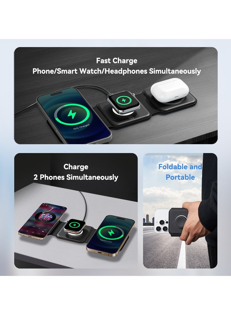 Vention 3-in-1 15W foldable Wireless Charging Pad with Mag Safe and LED Night Light, Foldable Silicone Charging Station for iPhone, Apple Watch & Air Pods – Soft Touch, Dimmable Lamp – Black - Image 4