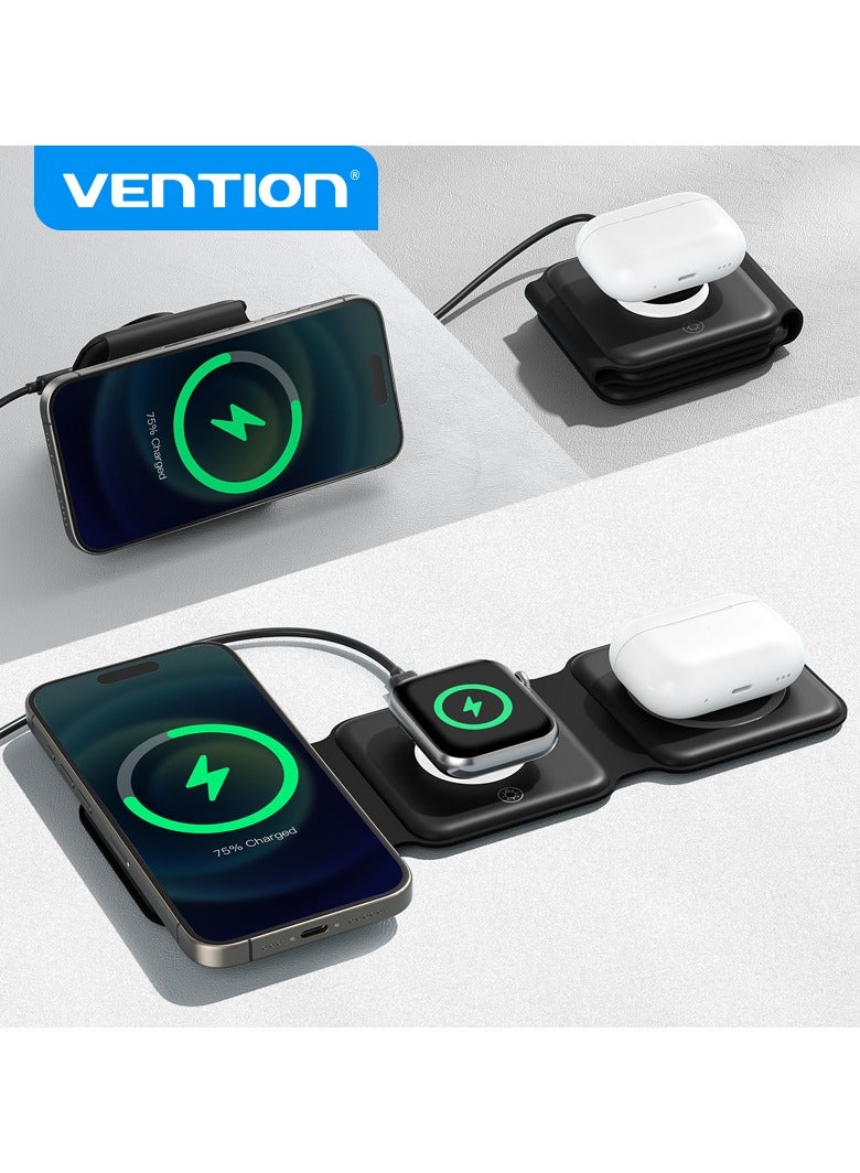 Vention 3-in-1 15W foldable Wireless Charging Pad with Mag Safe and LED Night Light, Foldable Silicone Charging Station for iPhone, Apple Watch & Air Pods – Soft Touch, Dimmable Lamp – Black - Image 2