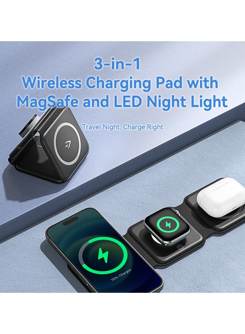 Vention 3-in-1 15W foldable Wireless Charging Pad with Mag Safe and LED Night Light, Foldable Silicone Charging Station for iPhone, Apple Watch & Air Pods – Soft Touch, Dimmable Lamp – Black - Image 3