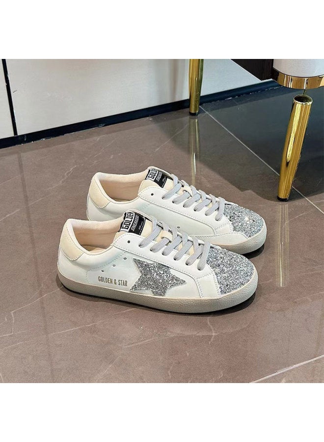 Genuine Leather Sparkling Diamond Star Shoes For Women Spring New Mint Mambo Retro Color Matching Outer Wear Casual Popular Sneakers