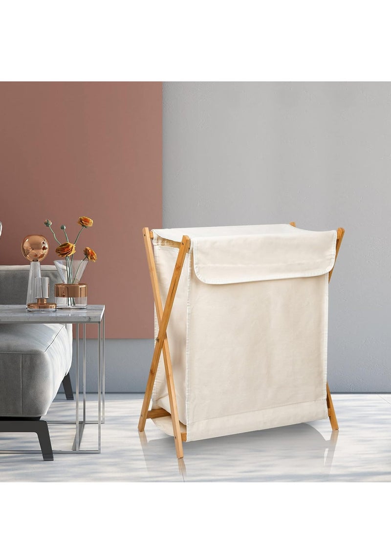 BestStore - 97L Bamboo Laundry Basket with Cover Portable Collapsible X Frame Freestanding Hamper for Dirty Clothes Towels Blankets Eco Friendly Laundry Organizer for Bathroom Bedroom and Laundry Room Storage - Image 1