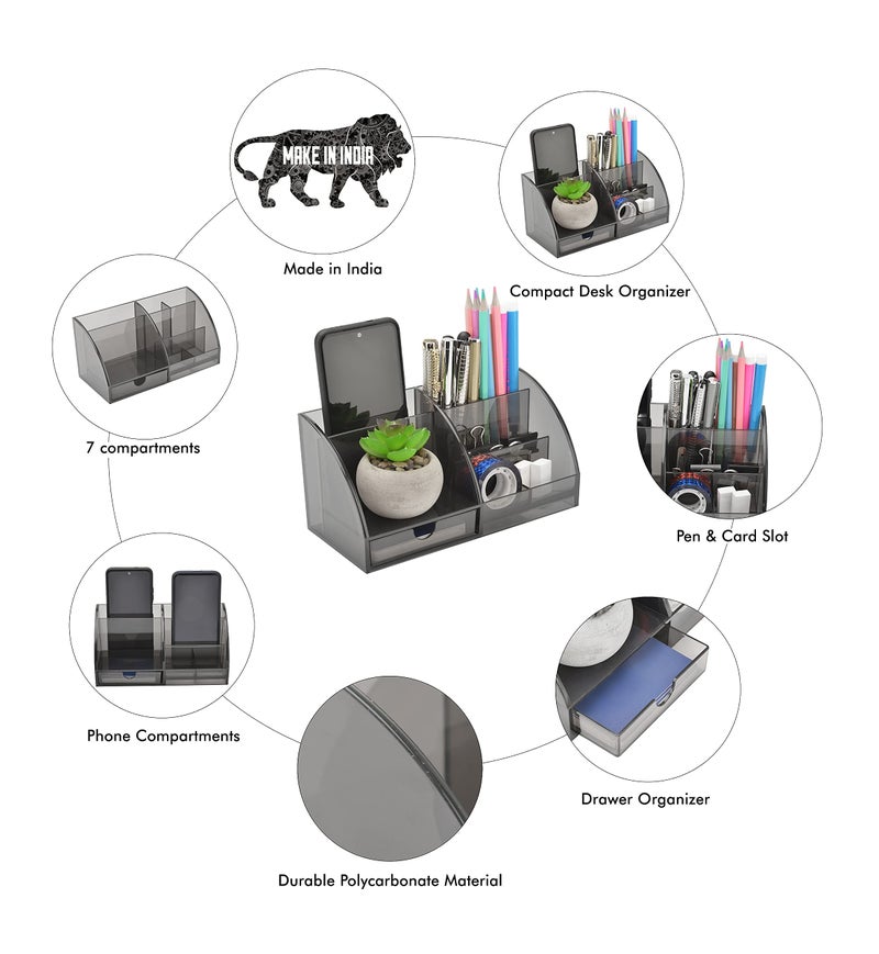 Udgamy Desk Organizer, 7 Compartment Stationary Organizer- Office Table Accessories- Paper Weight/Pen Holder- Pen Stand for Office Table Stylish (Polycarbonate), Smoky Black - Image 3