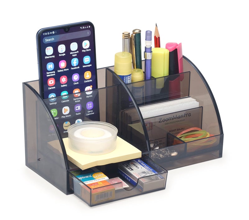 Udgamy Desk Organizer, 7 Compartment Stationary Organizer- Office Table Accessories- Paper Weight/Pen Holder- Pen Stand for Office Table Stylish (Polycarbonate), Smoky Black - Image 1