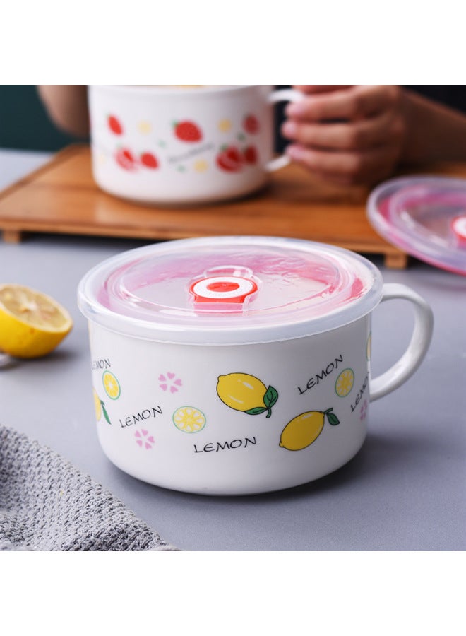 Creative Cartoon Ceramic Lunch Box Student Noodle Cup Lunch Box Instant Noodle Soup Bowl With Lid Handle Promotional Advertising Gifts-Specifications:Strawberry-Color:White  - Image 3