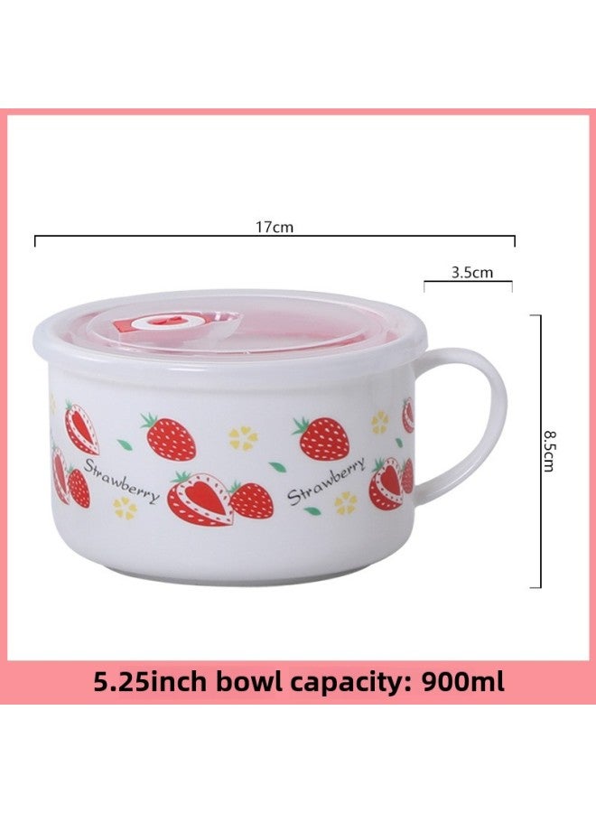 Creative Cartoon Ceramic Lunch Box Student Noodle Cup Lunch Box Instant Noodle Soup Bowl With Lid Handle Promotional Advertising Gifts-Specifications:Strawberry-Color:White  - Image 1