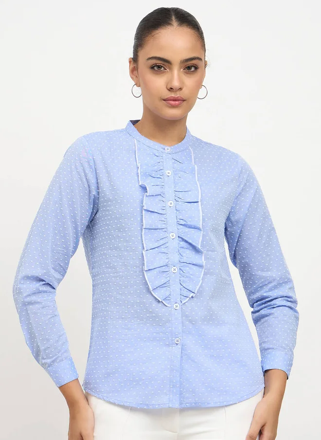 Salt Attire SALT ATTIRE Smart Self Design Ruffles Band Collar Cotton Casual Shirt