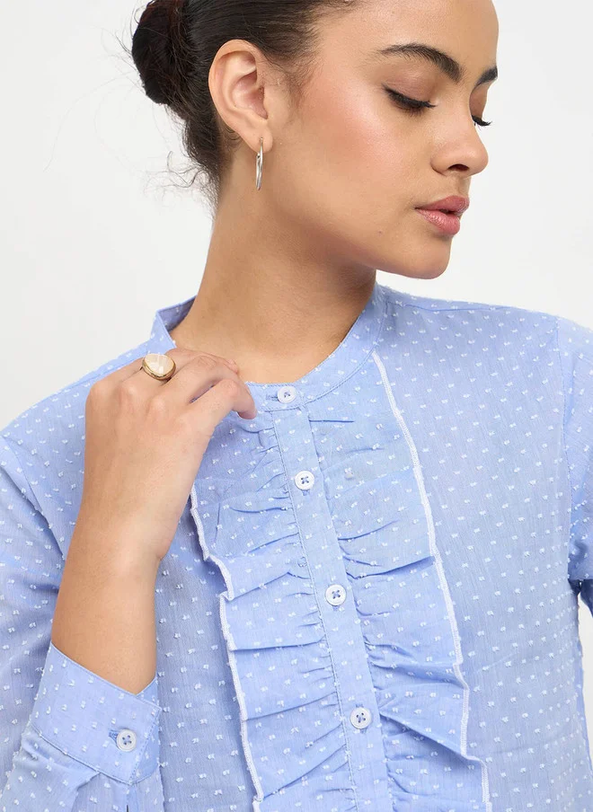 Salt Attire SALT ATTIRE Smart Self Design Ruffles Band Collar Cotton Casual Shirt