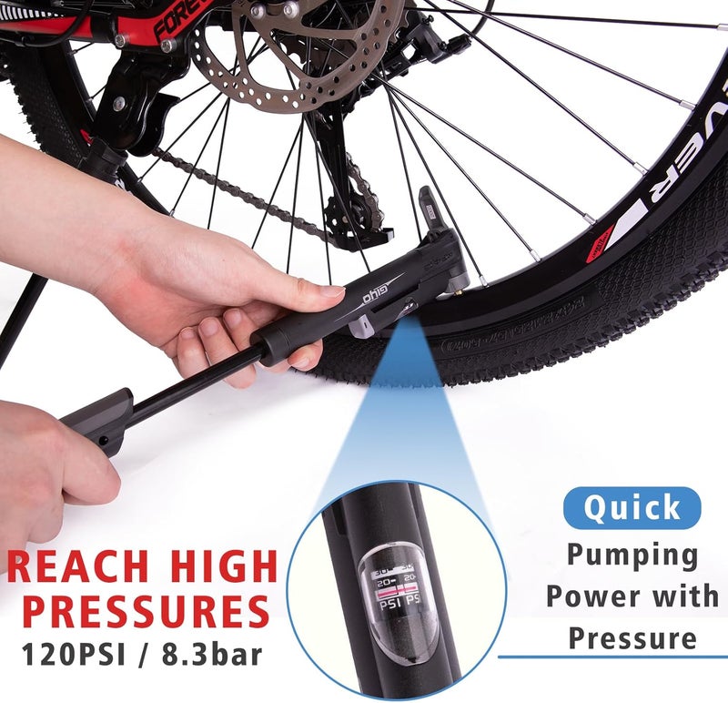 Giyo Mini Bike Pump, Portable Compact Bicycle Pump with Pressure Gauge, Tire Repair Kit, Perfect for Presta & Schrader Frame Mount for Road, Mountain & BMX Cycling, Ball Pump with Needle 120 PSI - Image 3
