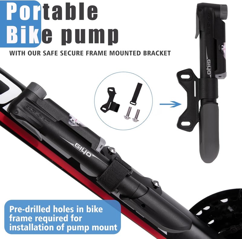 Giyo Mini Bike Pump, Portable Compact Bicycle Pump with Pressure Gauge, Tire Repair Kit, Perfect for Presta & Schrader Frame Mount for Road, Mountain & BMX Cycling, Ball Pump with Needle 120 PSI - Image 4