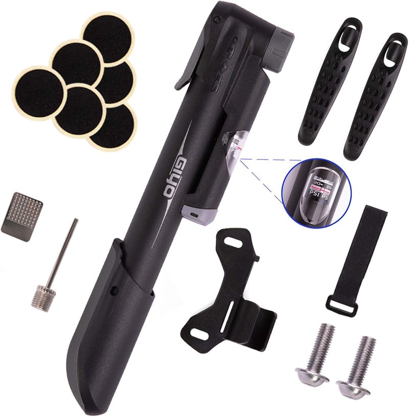 Giyo Mini Bike Pump, Portable Compact Bicycle Pump with Pressure Gauge, Tire Repair Kit, Perfect for Presta & Schrader Frame Mount for Road, Mountain & BMX Cycling, Ball Pump with Needle 120 PSI - Image 1